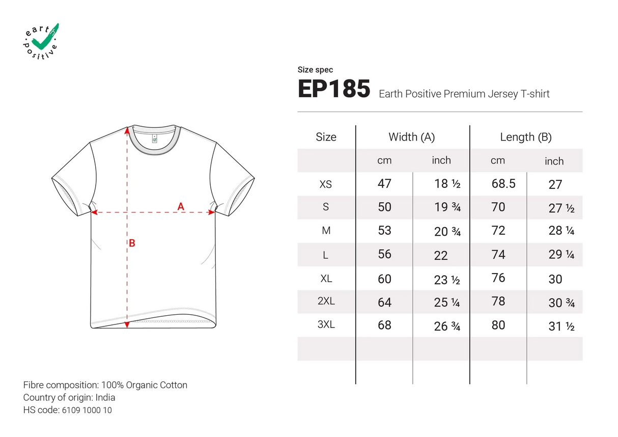 Größentabelle T-Shirt in Wunschfarbe