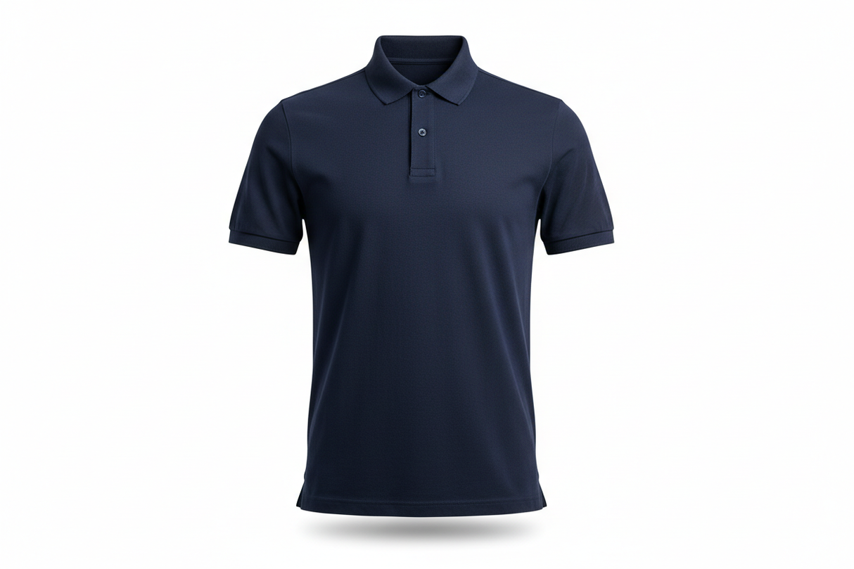 bitte das gesamte shirt ohne sichtbare puppe. polo-shirt ghost mannequin produktbild dunkelblau