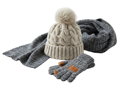 Produktbild mit Wintermütze, Schal und Handschuhen 