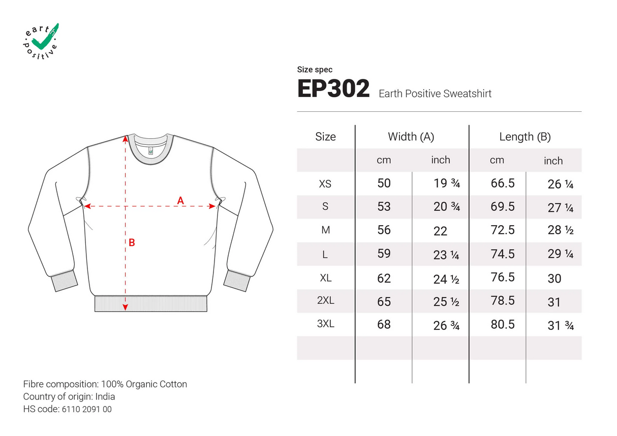 Größentabelle Sweatshirt in Wunschfarbe